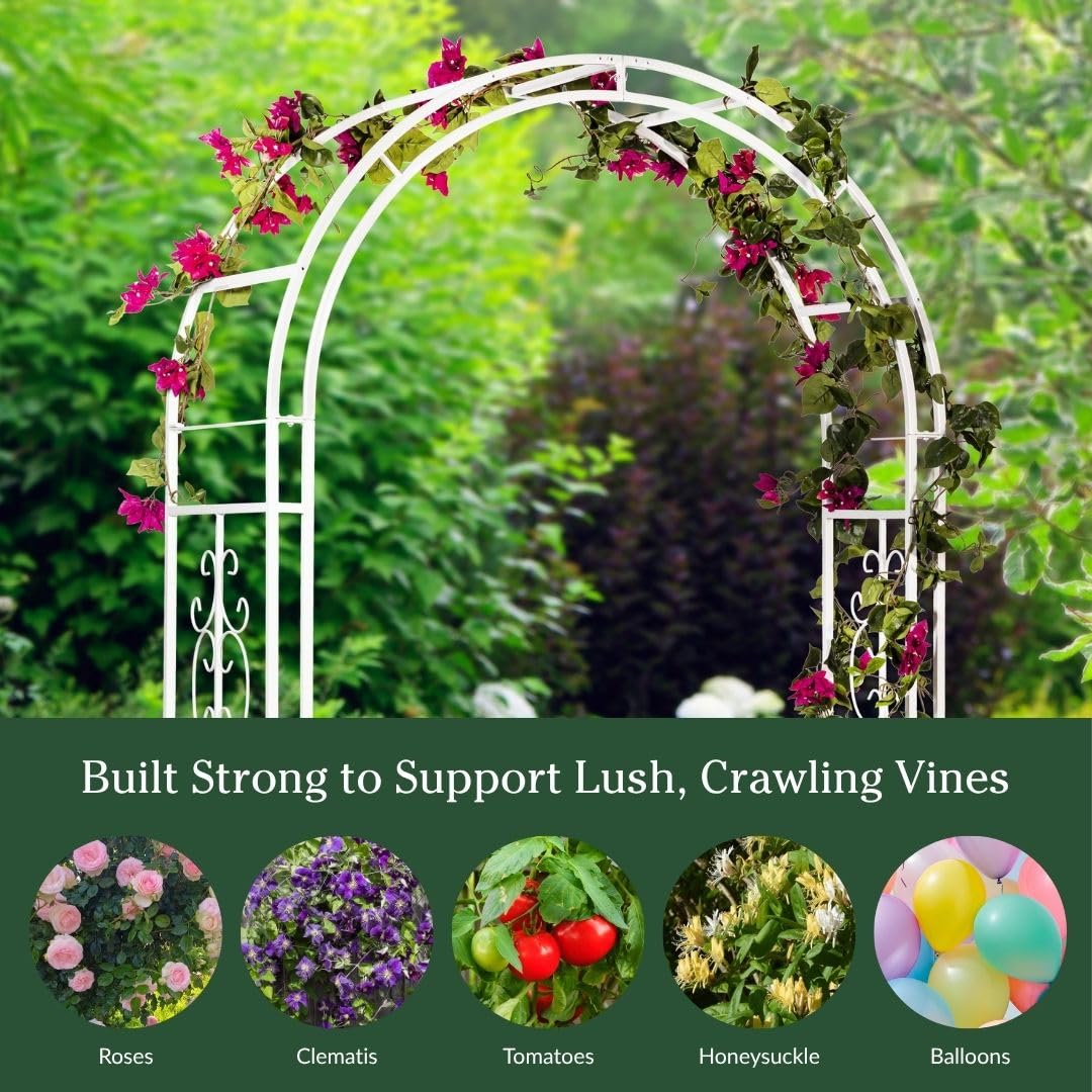 Plow & Hearth Arch Metal Outdoor Garden Arbor Montebello White, 7 Feet Tall, Iron Trellis Lattice for Climbing Plants, Wedding Arch, Outdoor Patio Décor
