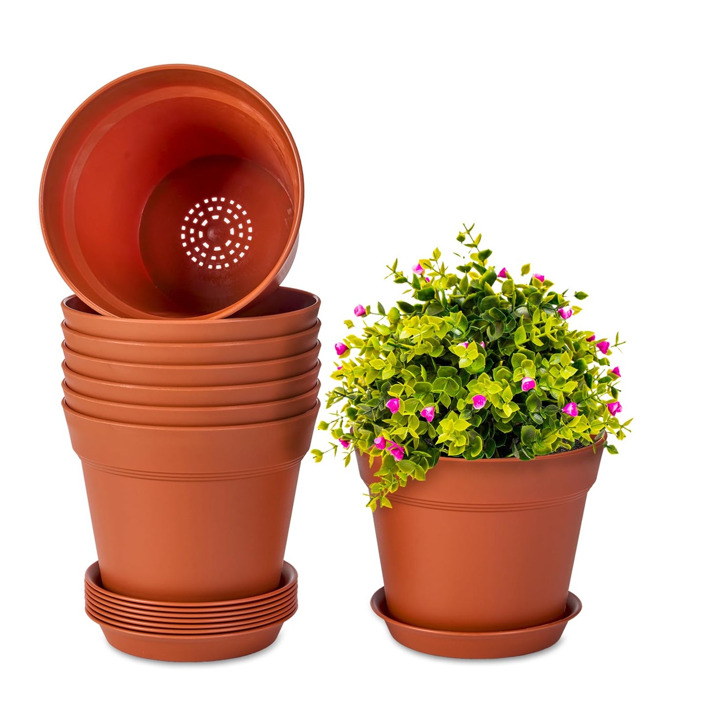 homenote Plant Pots,7.5 Inch Flower Pots for Plants Plastic Planters for Indoor with Multiple Drainage Holes and Trays, for All Home Garden Flowers Succulents,Outdoor(T8 Pack)