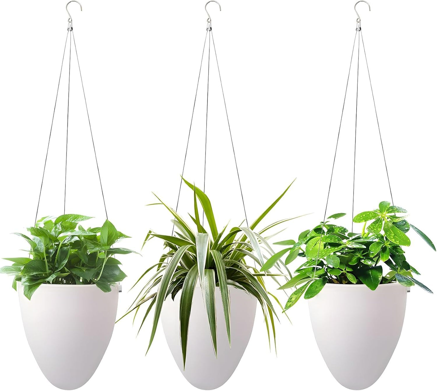 Self-Watering Hanging Planter: 6 Inch Inner Diameter, Indoor Outdoor, Stainless Steel Wire Hanger & Drip Tray, Pothos Philodendron Fern Herbs Scindapsus, Modern Minimalist Design (3 Pack, White)