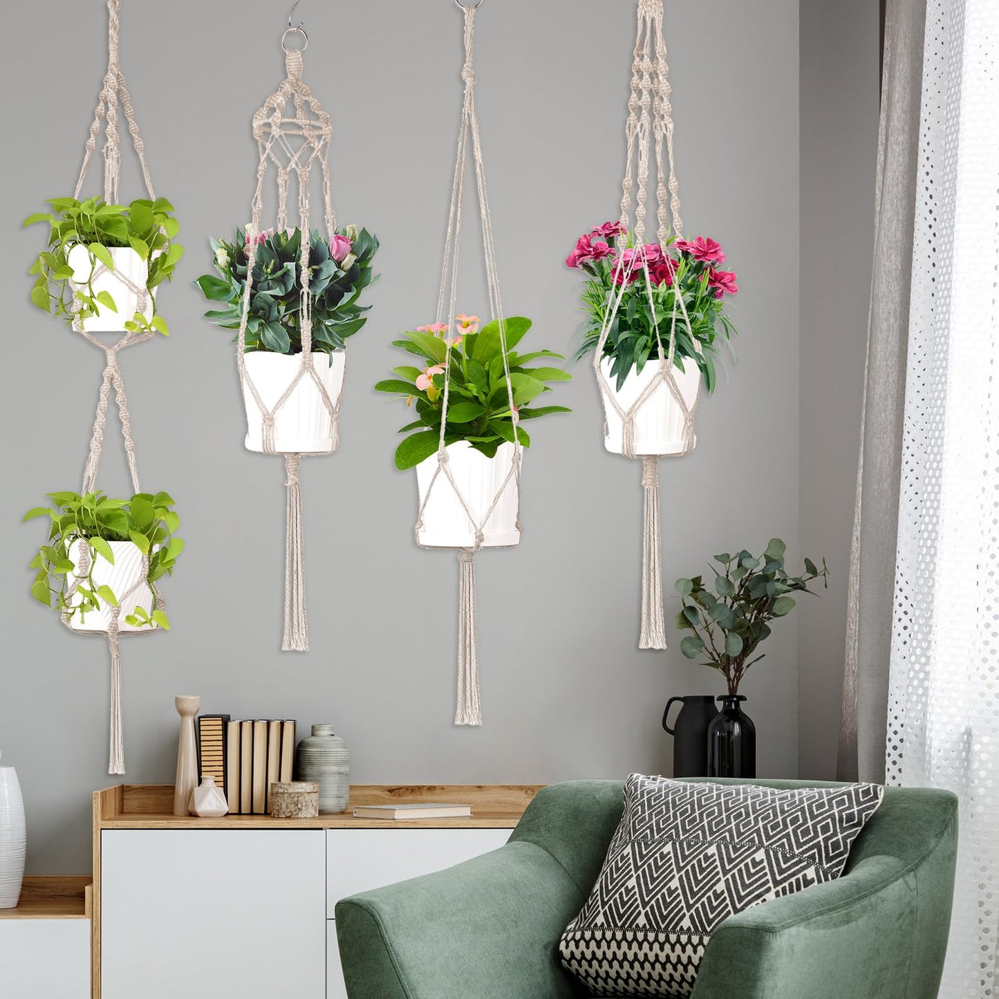 Hoteam 12 Pcs Macrame Plant Hangers Macrame Hanging Planters for Indoor Plants Handmade Boho Hanging Baskets Flower Pots Holder for Outdoor Home Wall Decor(White)