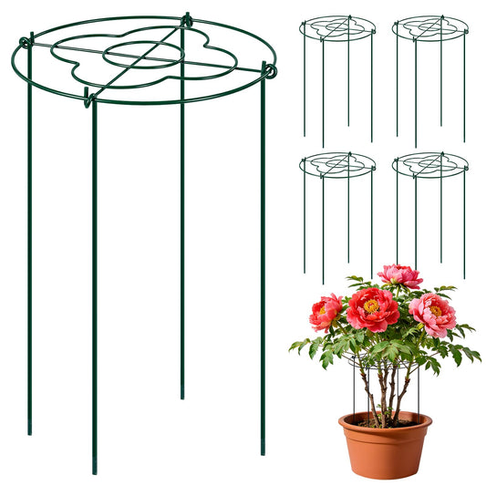 4 Pack Peony Cages and Supports, Grow Through Flower and Plant Supports, 13" Dia x 31.5" High Metal Peony Rings Hoops with Stake, Peony Support Cage for Dahlia, Rose Bush, Hydrangeas, Peonies, Tomato