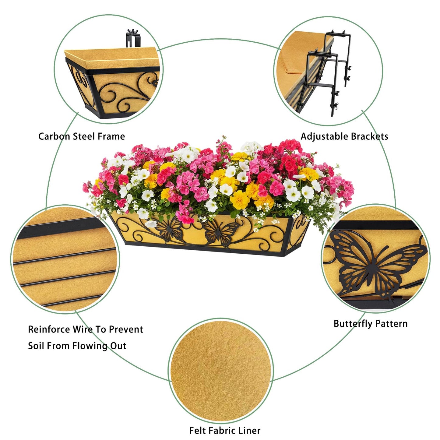 2 Pack 24 Inch Window Boxes Planter Railing Planters Box with Adjustable Brackets for Porch Deck Balcony Hanging Butterfly Decorative Flower Baskets & Non-Woven Fabric Liner for Outdoor Plants - Black