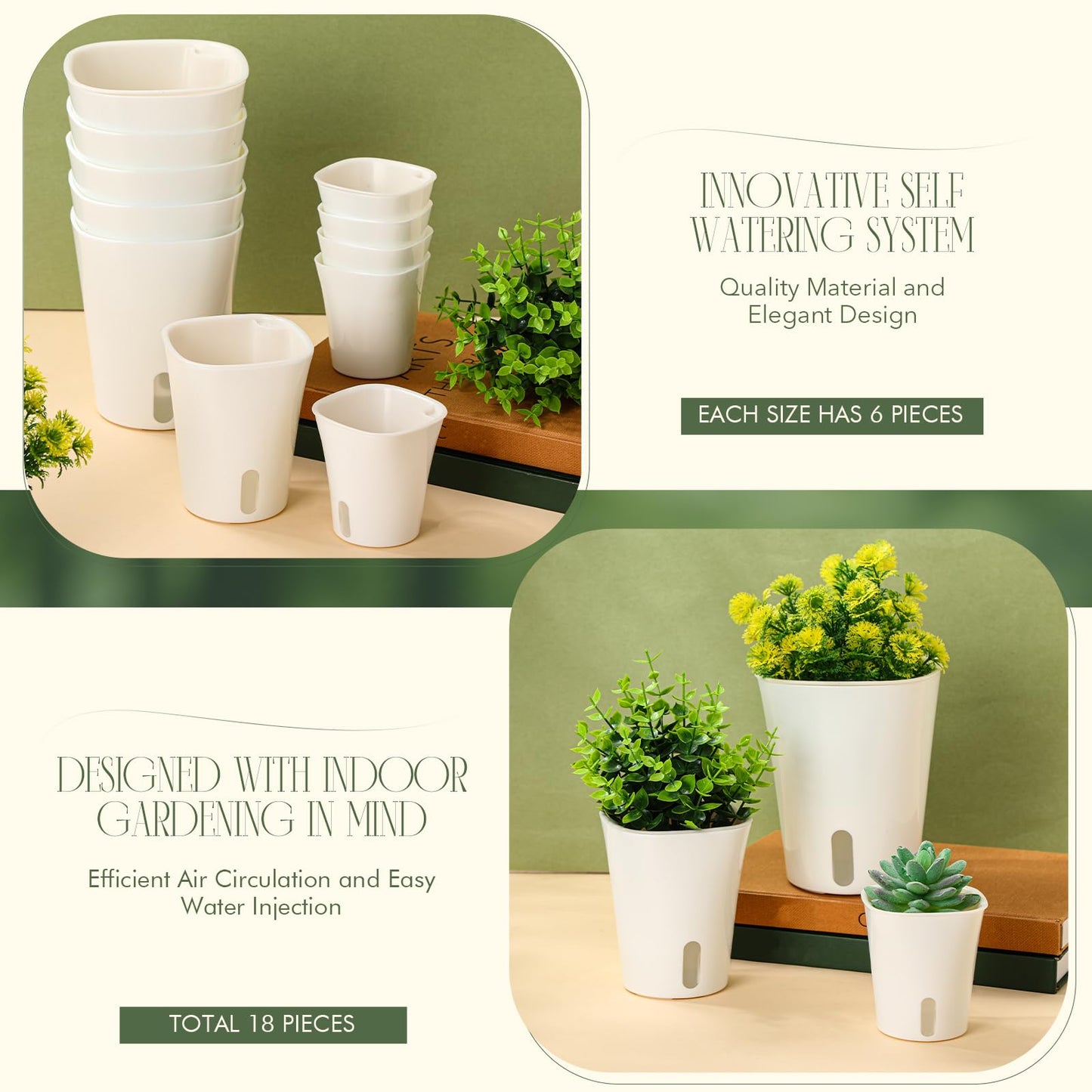 Ziliny 9 Pcs Self Watering Pots Plastic Plant 3 Sizes Flower Plant Pot with Inner White Flower Pots for Indoor House Plants Plastic Self Watering Pot for Herbs Flowers (Xs,S,M)