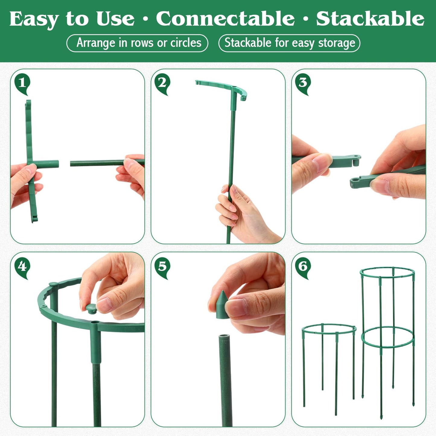 Fiwochic 100 Pcs Plant Support Stake 5.9" W X 9.8" H Half Round Plant Cage Stackable Garden Flower Support for Indoor Outdoor Flower Vegetable Tomato Peony Monstera Hydrangea Climbing Plants