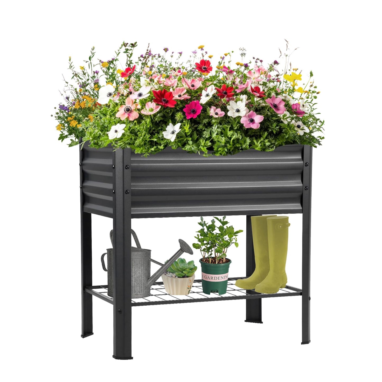 Veezyo Raised Garden Bed with Legs and Shelf, 2pcs 32"x20"x31.5" Elevated Metal Planter with Legs for Outdoor Vegetables and Herbs, Standing Raised Beds for Balcony, Patio, Lawn and Backyard