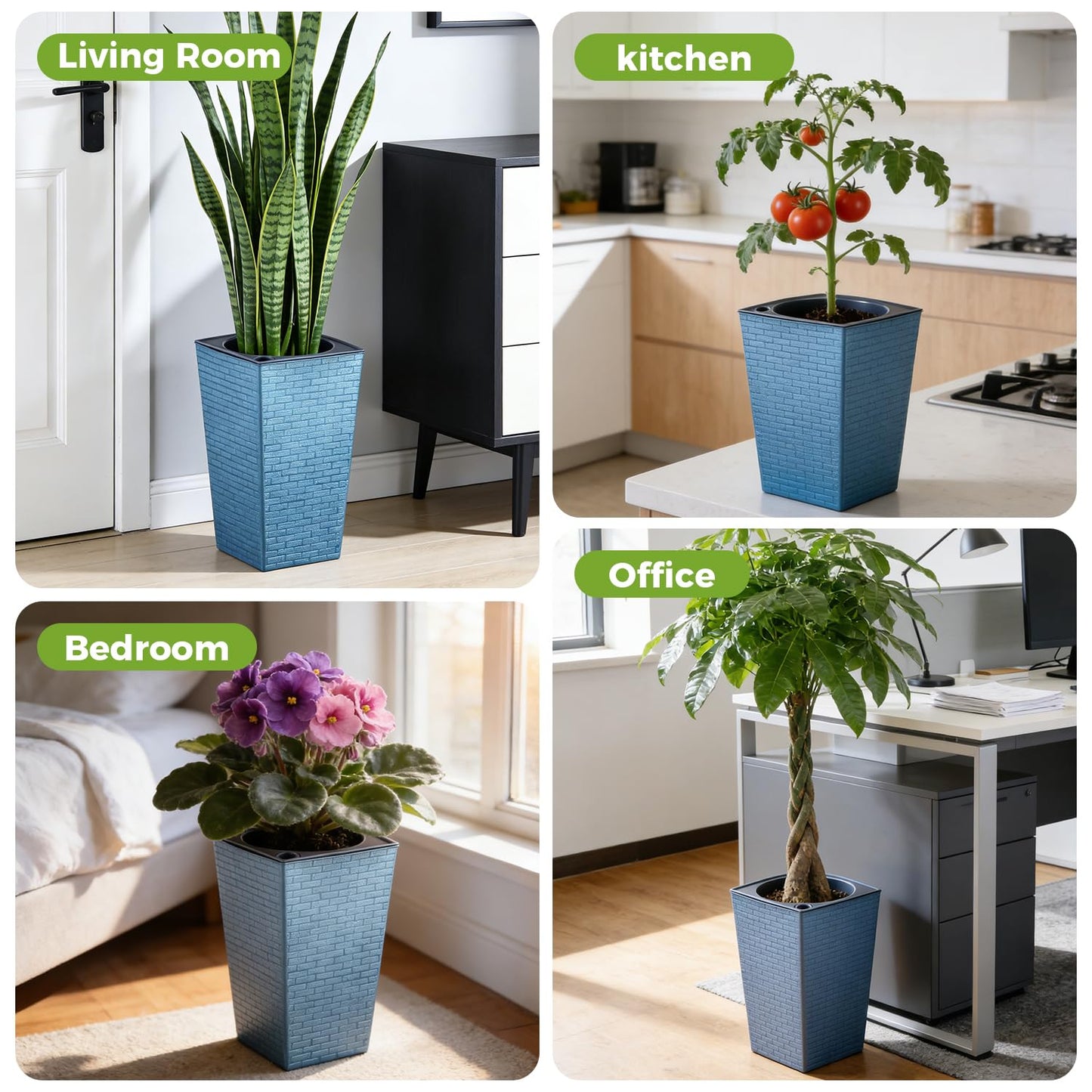 Self Watering Pots for Indoor Plants, 2 Pack Flower Pots Self Watering Planter 10.7" x 6.9" Plastic Pots African Violet Wick and Grow Pots Tall Orchid pots Square Large Plant Pots, Blue