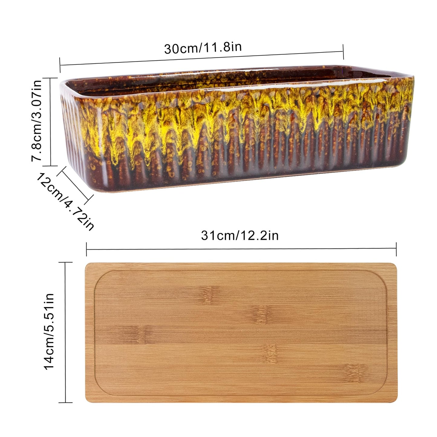 Succulent Pots - 12 Inch Large Succulent Planters with Drainage Tray, Window Sill Planter, Long Rectangle Ceramic Pots for Indoor Cactus Plants Shallow Bonsai Window Box for Home Garden Decor
