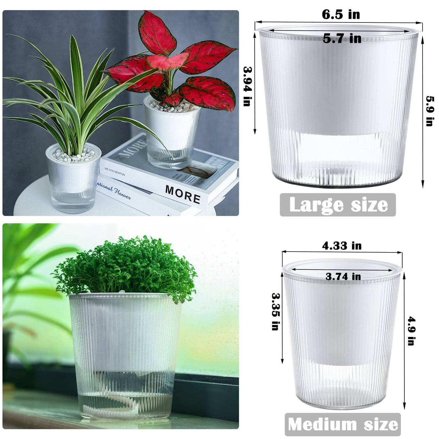 6-Pack 4.5 Inch Clear Self-Watering Planters and Pots for Indoor Plants Medium Orchid Plant Pots Plastic Wick Flower Pots, African Violet Pot Set, Home Decor Pot
