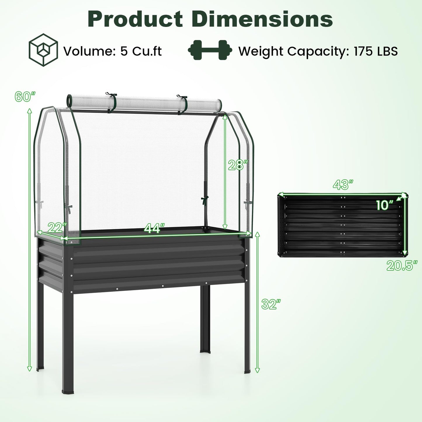 Giantex Raised Garden Bed with Legs & Greenhouse Cover, 44x22x60 Elevated Metal Planter Box with Roll-up Door, Outdoor Mini Greenhouse for Vegetable Flower Herb Patio Balcony (Black,2)