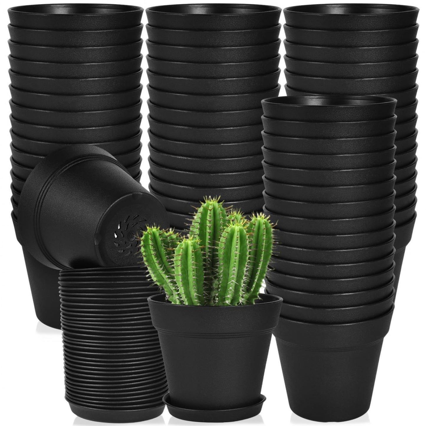 June Fox 60 Pack Small Plant Pots Indoor 4 Inch Plastic Planter with Drainage Holes and Saucers Premium Black Pots for Plants Bulk for Succulent, African Violets, Flowers, Seed Starting