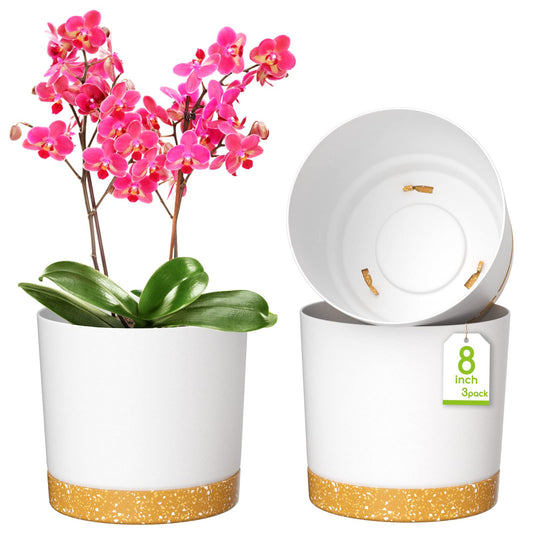 ZMTECH Spring Planters for Indoor Plants, Plant Pots & Flower Pots, Plastic Planter 3 Pack 8 Inch Self Watering with Drainage Hole and Saucer, Modern Decorative Indoor Outdoor, White