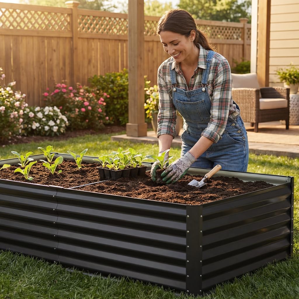 COMHOMA Raised Garden Bed 6x3x2ft,Galvanized Metal Planter Box Kit for Outdoor Gardening,Large Vegetable Flower Growing Beds with Gloves Tools,Black