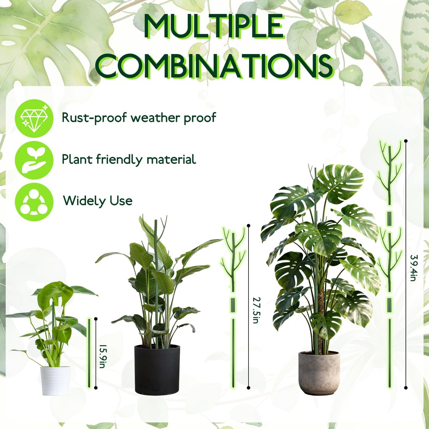 Linyona 12 Pack Monstera Plant Support Stakes, 27.5 Inch Natural Looking Detachable Plant Stakes for Climbing Plants, Includes 16 Orchid Clips & 12 Twist Ties & 65ft Garden Tie Outdoor Indoor