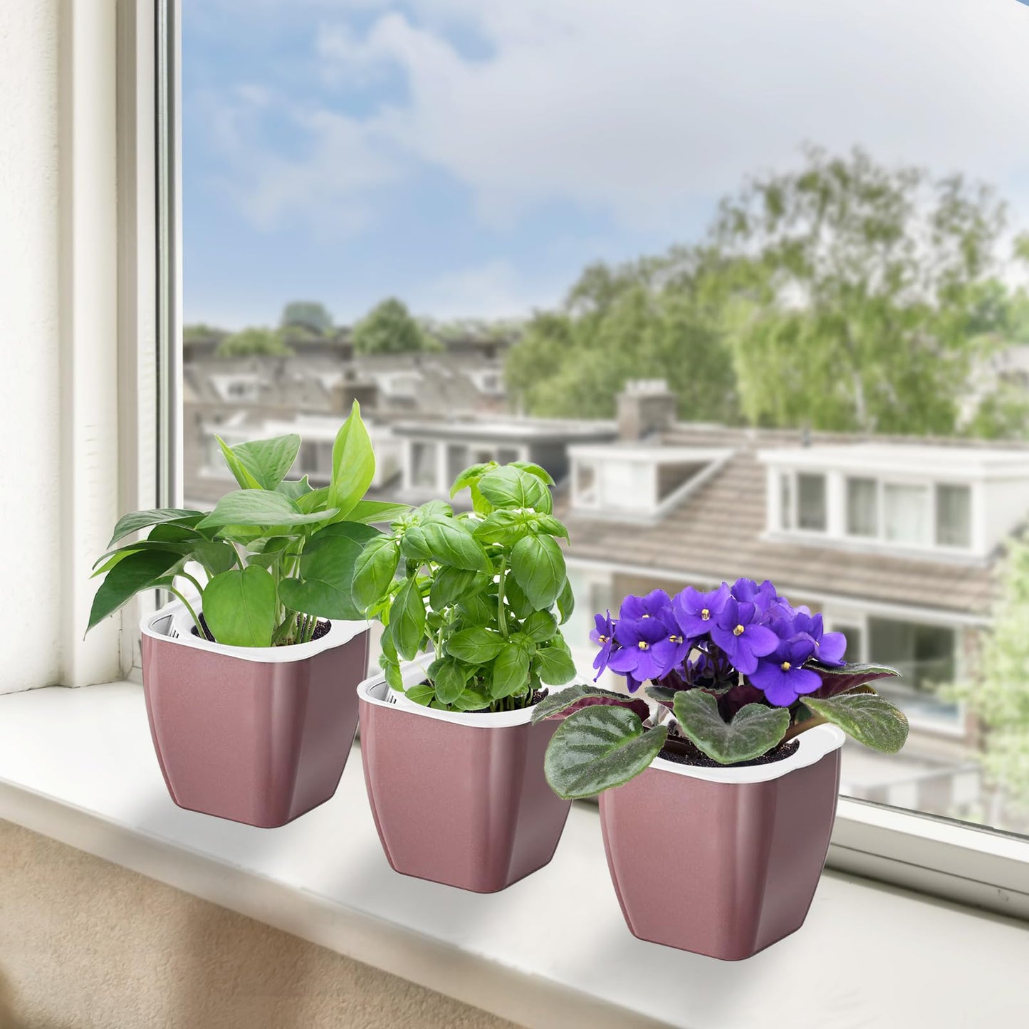 Oliz 4 Pack Self Watering Pots 4-inch Decorative Flower Planters for Indoor Plants Modern Square planters for Small Plants Window Sill Planters for Succulents, African Violets, Herbs(Rose Gold)