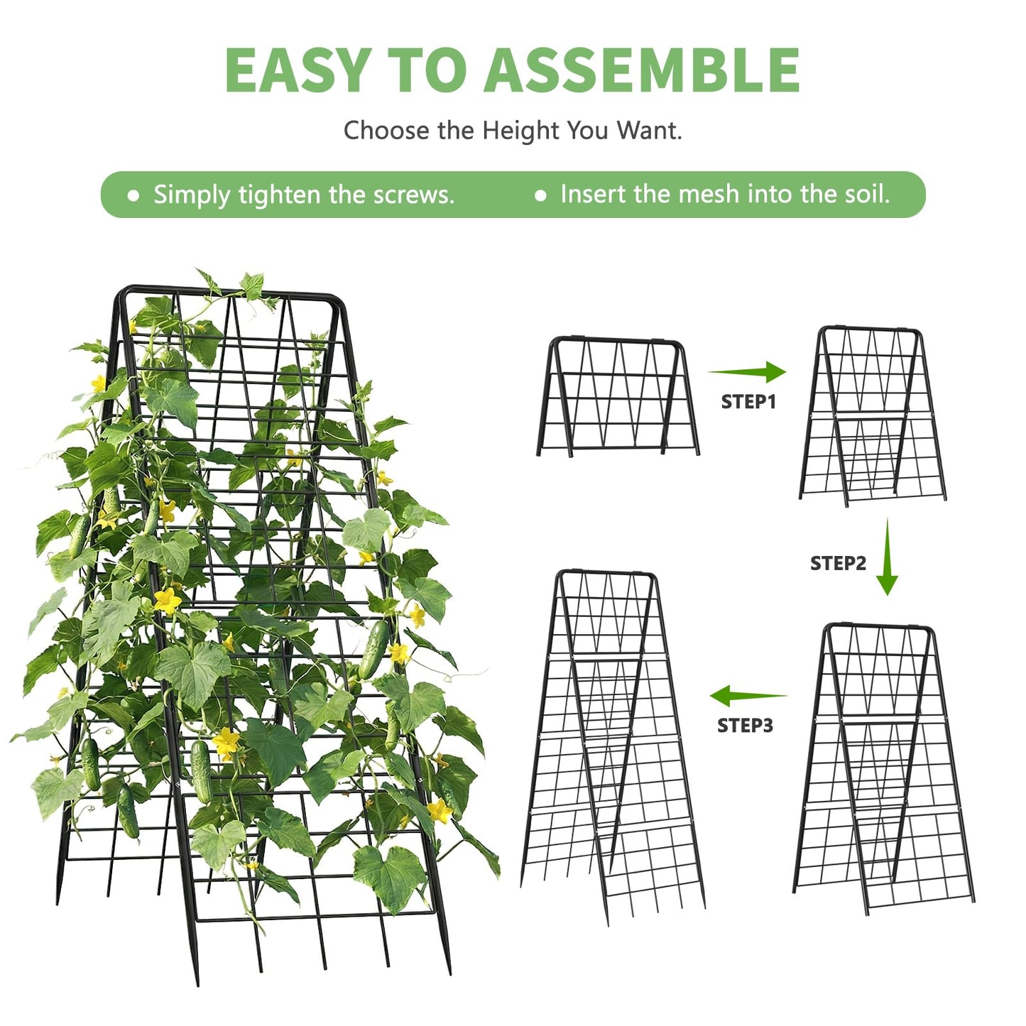 DoCred Cucumber Trellis, 59" H 2 Pack Metal Foldable Thickened A Frame Garden Trellis for Raised Bed Climbing Plants, Vegetables, Including Plant Support Clips, Twist Ties, Plastic Ties, Black