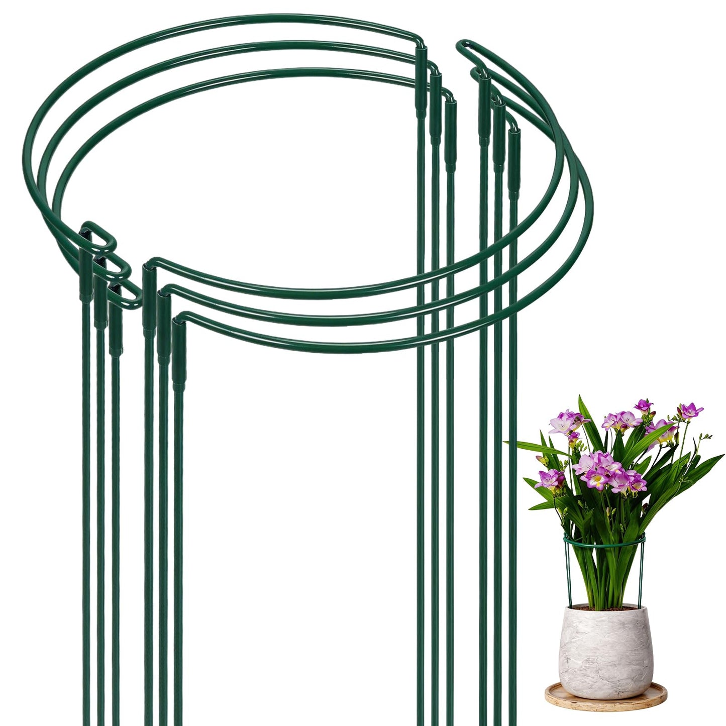 6 Pack Plant Support Stakes, Half Round Metal Peony Cages and Support, 10" W x 16" H Metal Sturdy Garden Plant Support Ring Cage for Potted Plant,Snake,Hydrangea,Monstera,Rose Bush