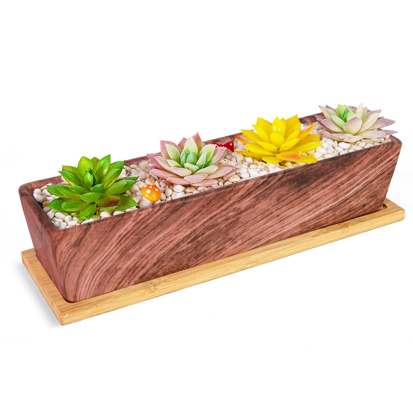 Succulent Pots - 12.1 Inch Large Succulent Pots with Drainage Tray, Window Sill Planter, Long Rectangle Ceramic Pots for Indoor Cactus/Succulent Plants Shallow Bonsai Window Box for Home Garden Decor