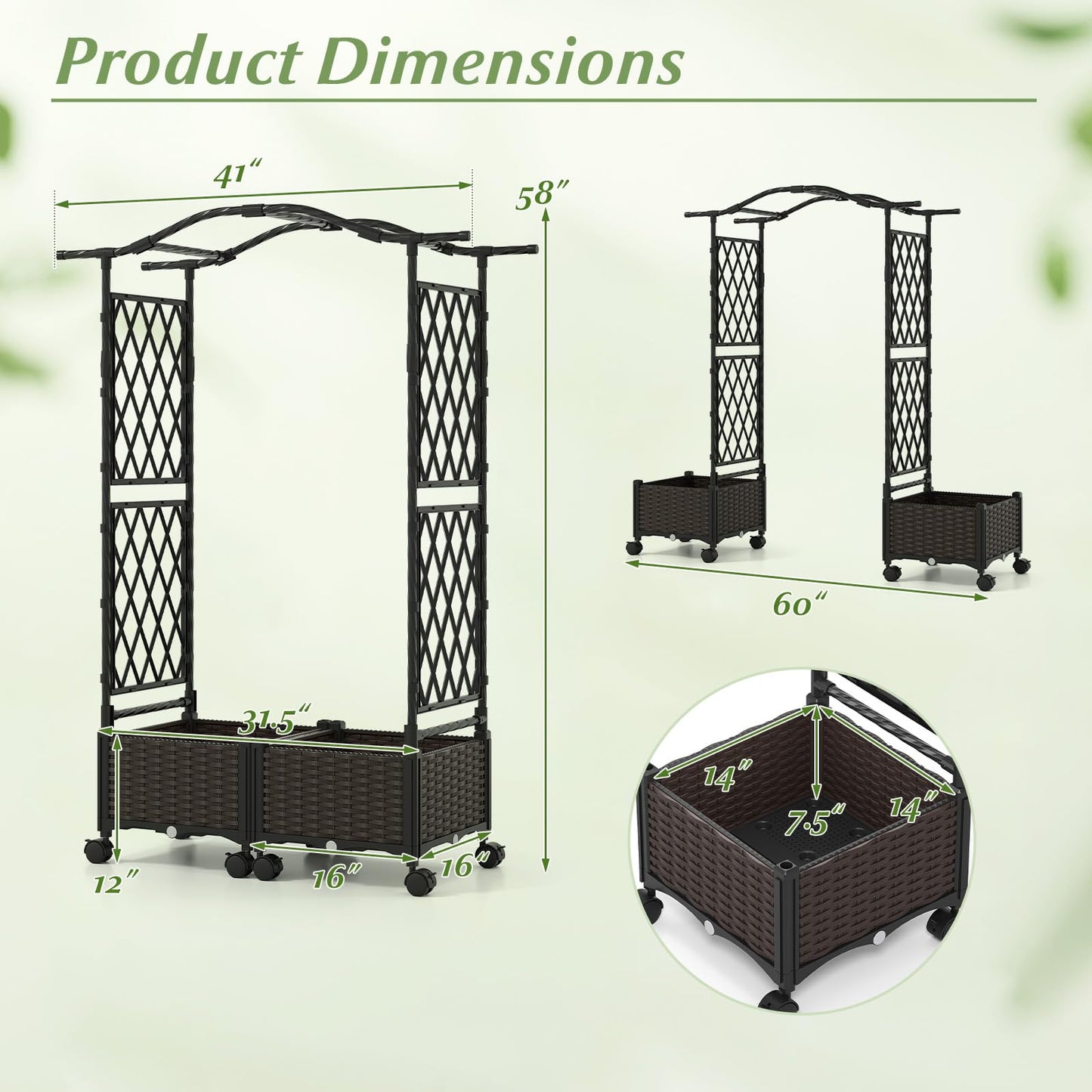 BECOMFORT Planter Box with Arch Trellis, 58”H Self-Watering Tomato Planter w/Wheels, Hanging Roof & Drainage Holes, Outdoor Indoor Raised Garden Bed for Climbing Vines, Perfect for Lawn & Backyard
