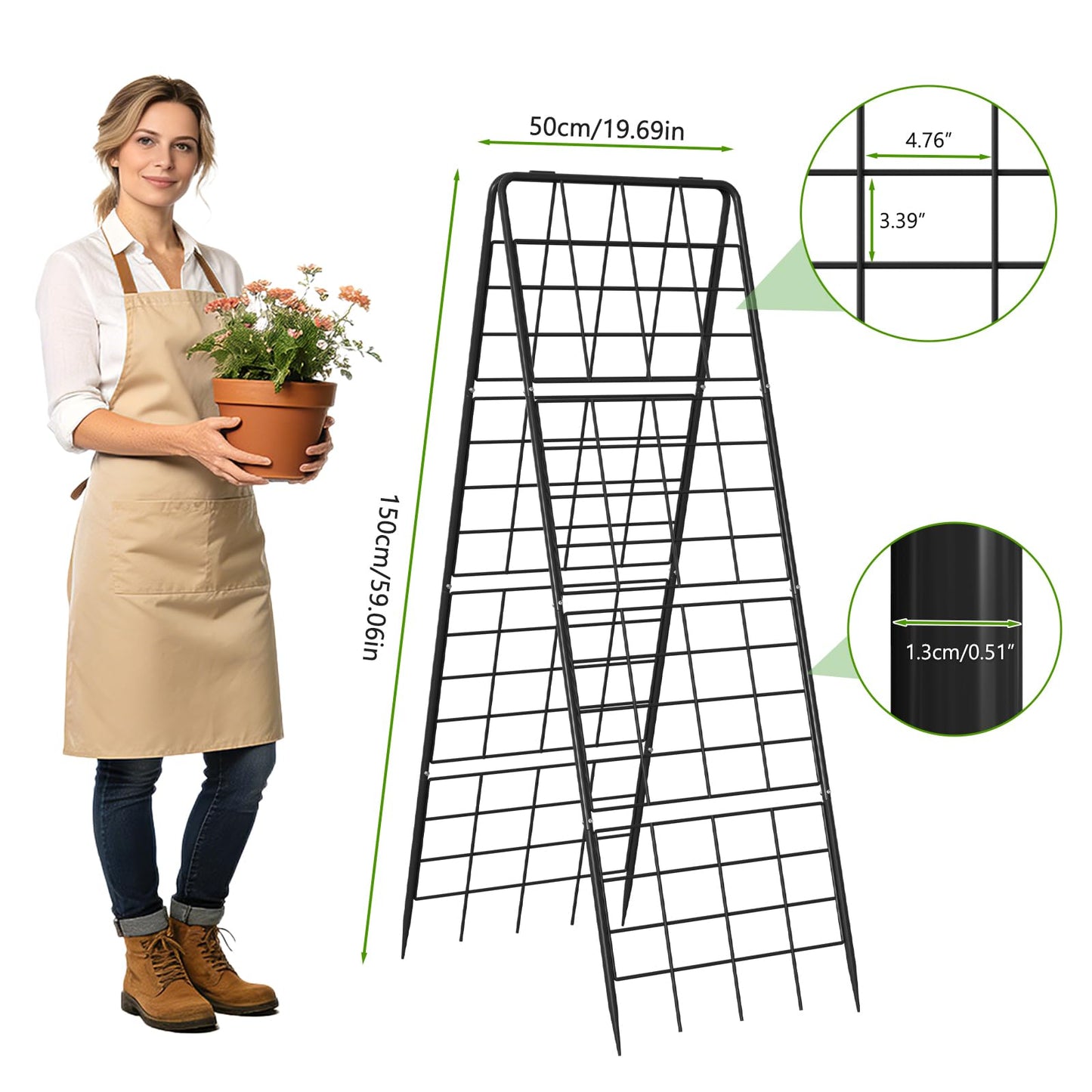 DoCred Cucumber Trellis, 59" H 2 Pack Metal Foldable Thickened A Frame Garden Trellis for Raised Bed Climbing Plants, Vegetables, Including Plant Support Clips, Twist Ties, Plastic Ties, Black