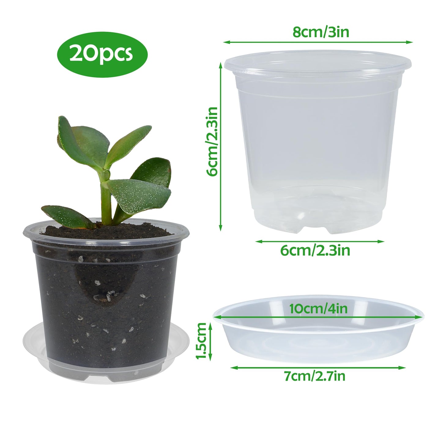 TNTIWQ 20 Pack 3 Inch Clear Nursery Pots with Drainage and 20 Pack Plant Saucers, Plant Pots for Plants Transparent Potting Containers for Plants Seeding Starter Pot (Clear, 3 Inch)