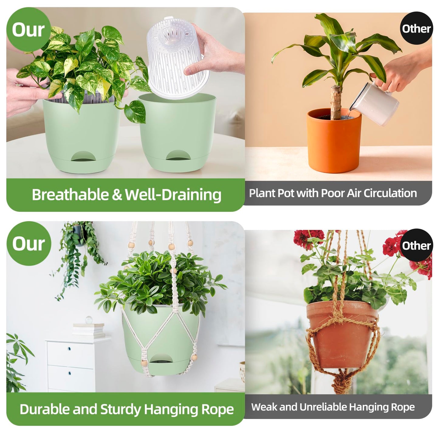 2-Pack 5.7-Inch Self-Watering Hanging Planters for Indoor & Outdoor Plants,34Inch Macrame Hanger Plant Pots Indoor with Drainage,Small Hanging Planters & Baskets,With Two Sets of Hooks（Pure green）