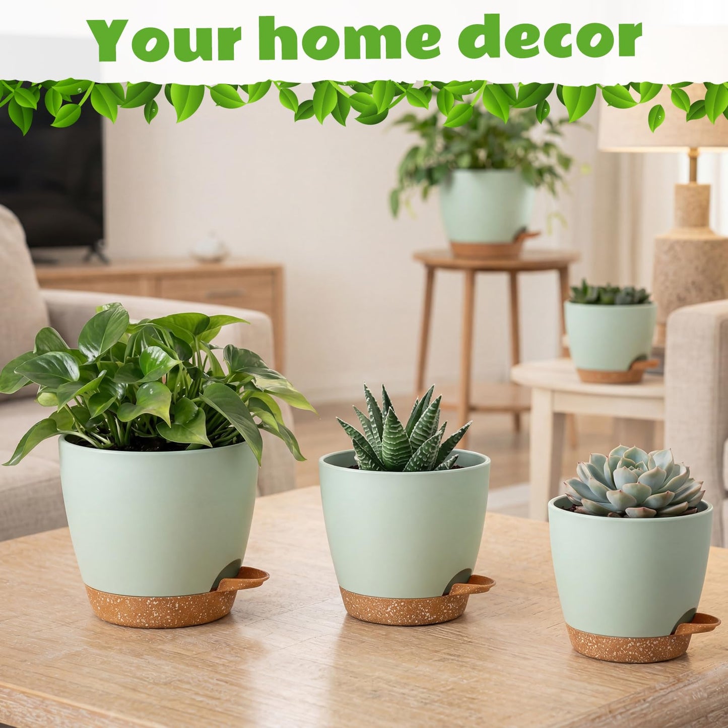 Remerry 15 Pcs 7/6.5/6/ 5.5/5 Inch Self Watering Planters with Drainage Hole Plant Pots Plastic Flower Pots Self Watering Pot and Saucer Reservoir for Garden Plant Flower(Green)