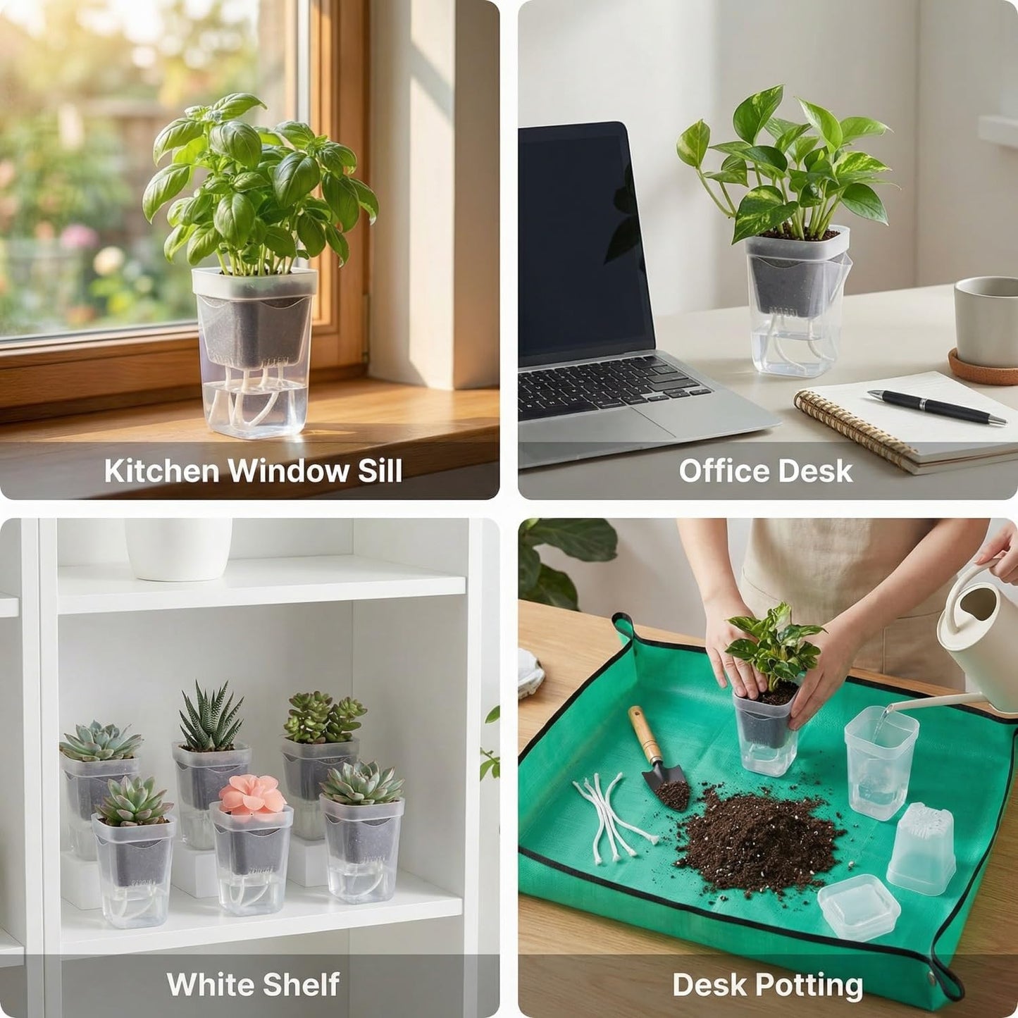 5 Pack 2" Mini Self Watering Pots for Indoor Plants, Small Self Watering Nursery Pots with Drainage Holes, Clear Plastic Plant Pots for Succulents, Cuttings, Herbs (Incl. 50x50cm Gardening Mat)