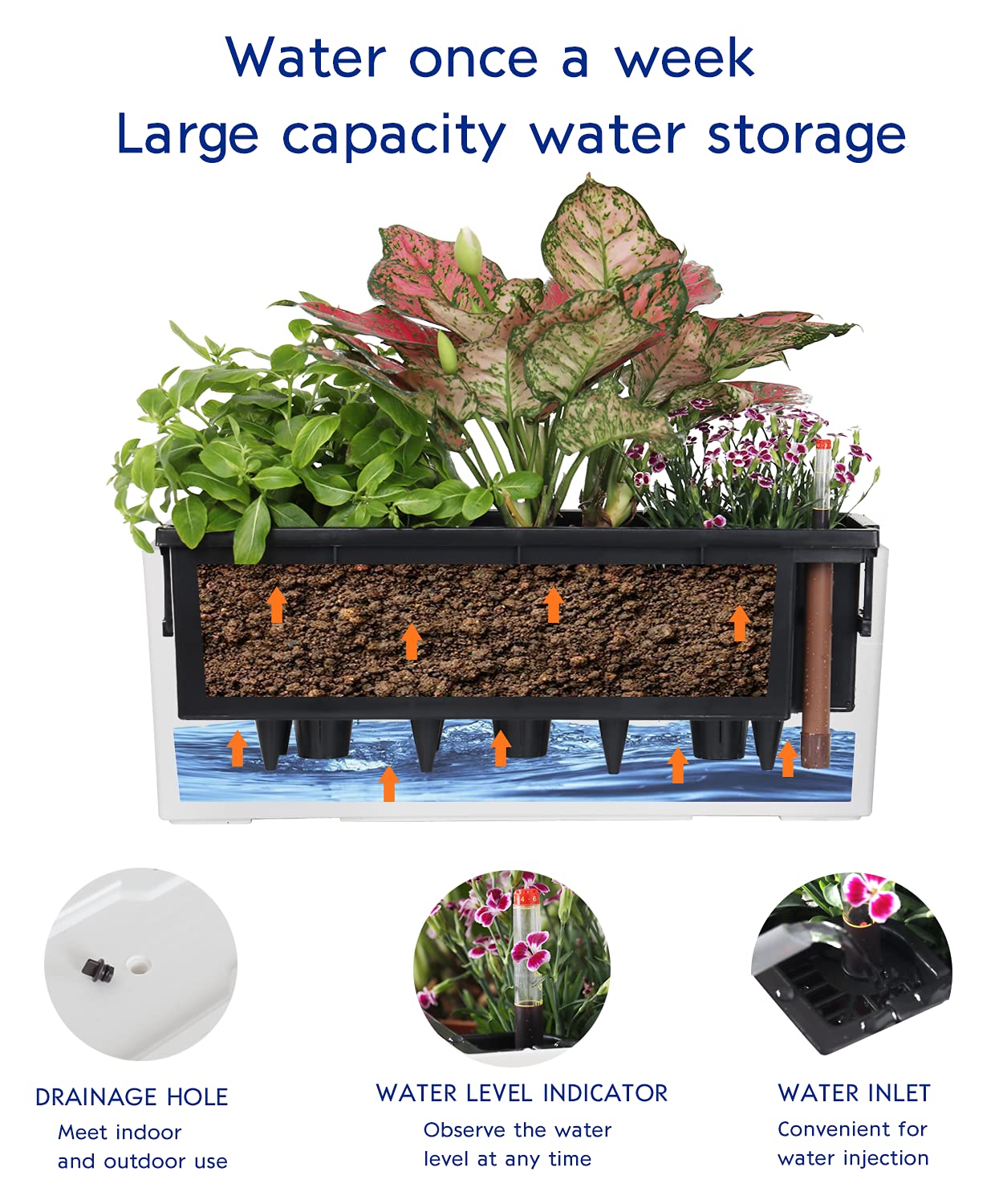 GardenBasix Elongated Self Watering Planter Pots Window Box 5.5 x 16 inch Indoor Home Garden Modern Decorative Planter Pot for All House Plants Flowers Herbs (Dark Grey,1-Pack)