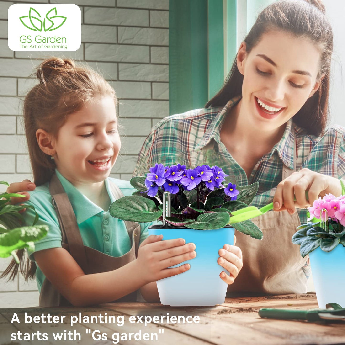 GS Garden Self Watering Planters for Indoor Plants, 5.2 Inch 3 Pack Square Plastic Plant Pots with Water Level Indicator & Drainage System for African Violet Herbs Succulents - Gradient Blue