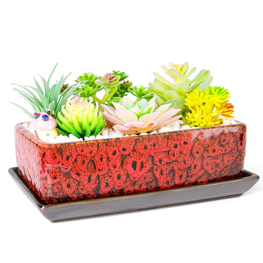 ARTKETTY Succulent Pots - Long Rectangle Succulent Planters with Drainage Tray, Window Sill Planter, Ceramic Pots for Indoor Cactus Plants Shallow Bonsai Window Box for Home Garden Decor