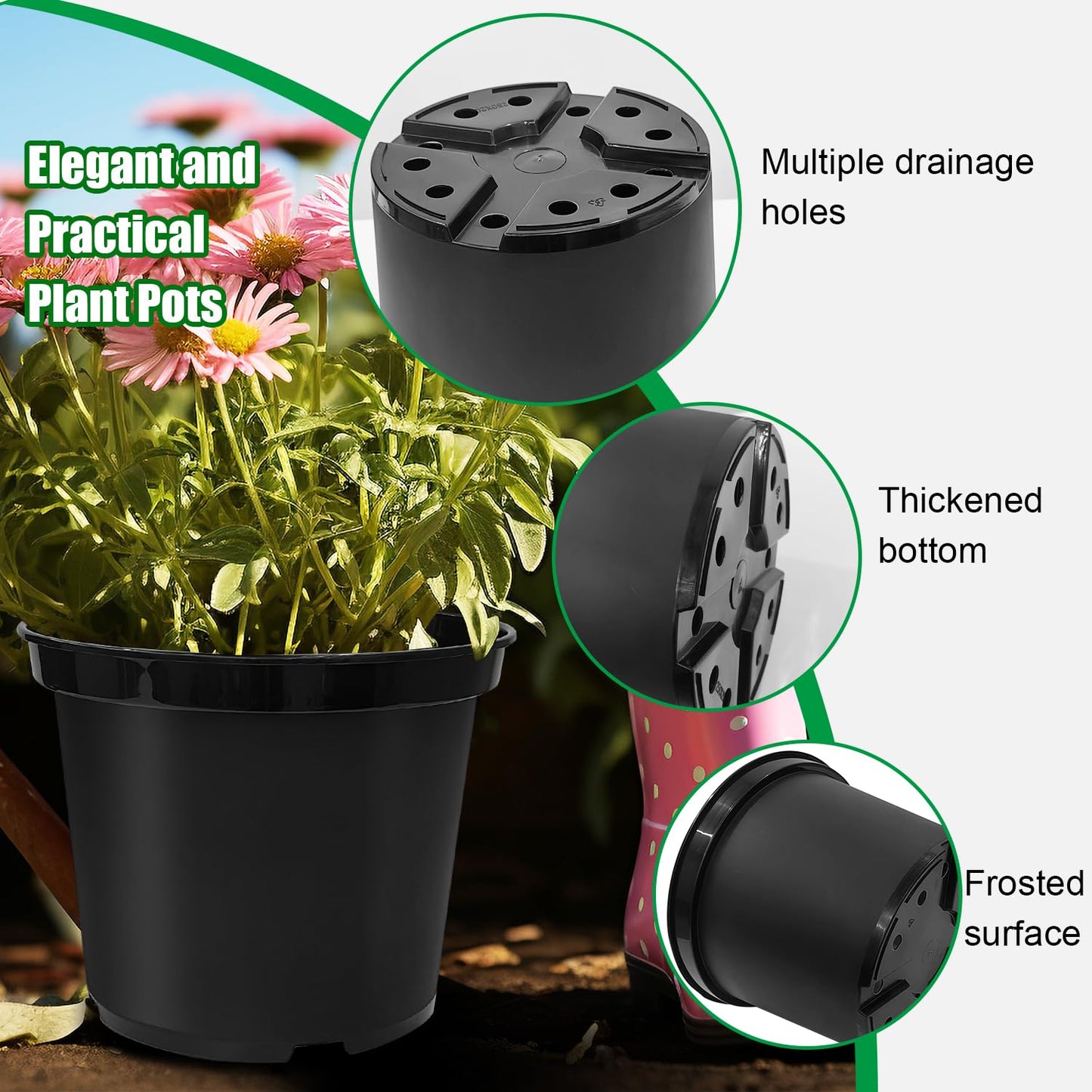 RooTrimmer 3 Gallon Plastic Nursery Pots, 10 Inch Round Plant Pots with Drainage Holes, 10 Pack Planting Pot for Outdoor Indoor Plants, Gardening Gifts for Women, Black