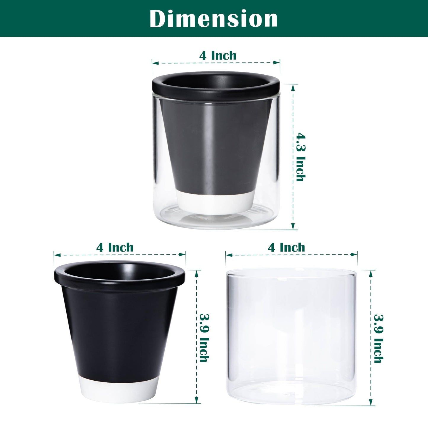 D'vine Dev 4 Inch Design Self Watering Planter for Indoor Plants, Black Terracotta Pot with Cylinder Glass Cup, Set of 4, 37-Z-A-3-F