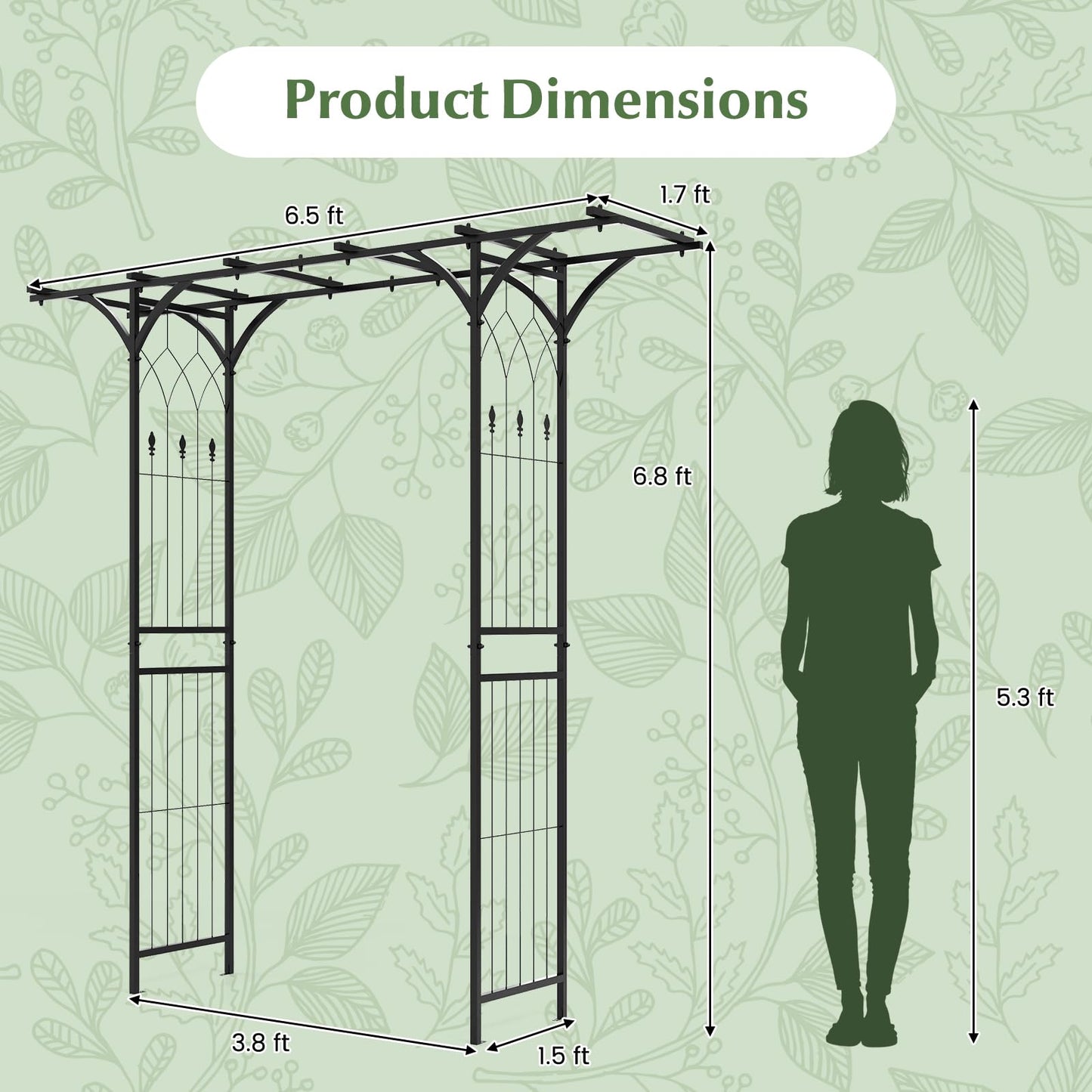 S AFSTAR Garden Arch Trellis Pergola, 6.8 FT Outdoor Metal Arbor w/Extended Top, 4 Ground Stakes, Plant Support Trellis for Climbing Plant Vine Rose, Garden Arbour Archway for Wedding Ceremony Party