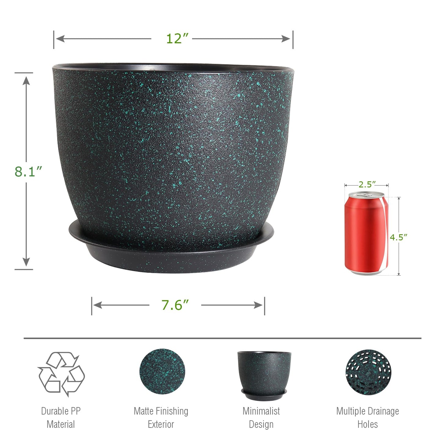 UOUZ 12inch Large Plant Pot, Modern Plastic Planter with High Driange Holes and Saucer for Indoor Outdoor Garden Plants and Flowers, Black with Green Speckles