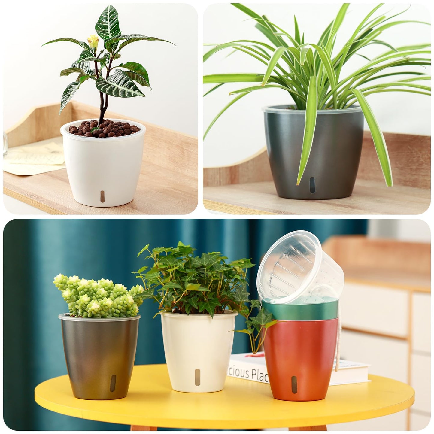 KvyusFlourish Self Watering Pots for Indoor Plants, 6-Pack 5'' Self Watering Planter with Drainage Holes, Small African Violet Pots with Water Indicator, Clear Wick Orchid Pot, Grey