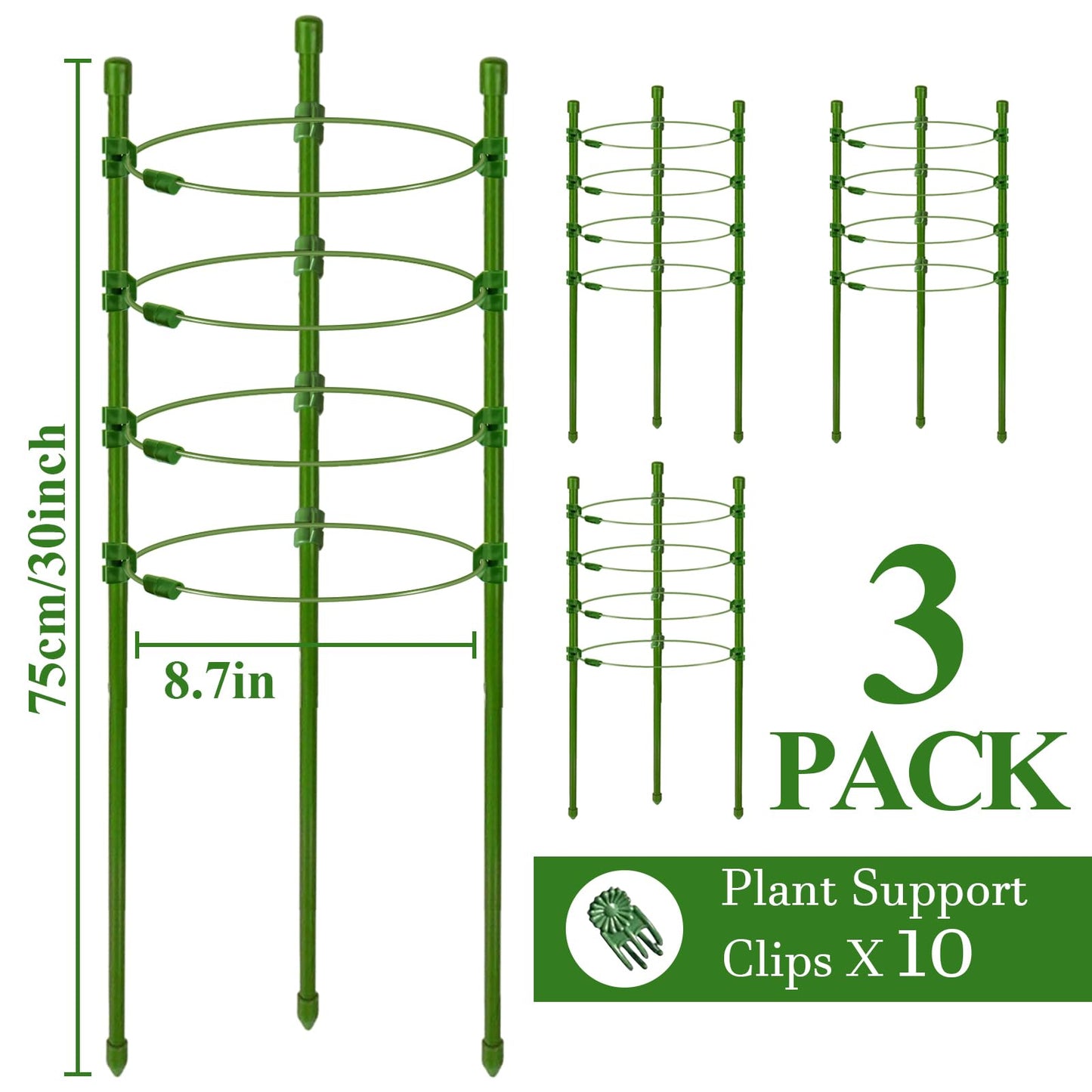 Legigo 3 Pack 30 Inch Plant Support Cages Tomato Cage for Garden- Plant Cages Adjustable Rings, Tomato Plant Support Stakes Trellis for Pots, Peppers, Cucumbers and Flowers with 10 Plant Clips