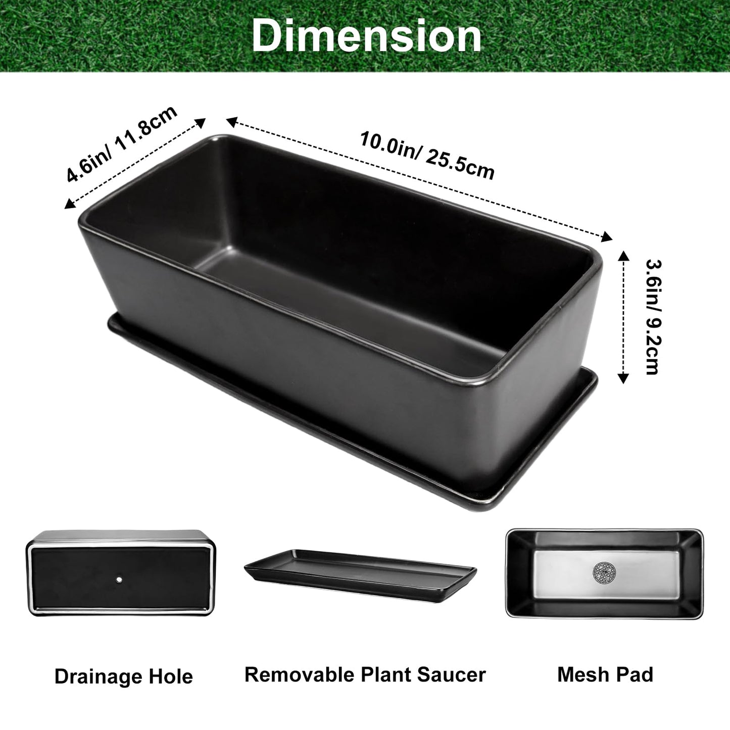SQOWL Rectangle Planter - 10 Inch Ceramic Plant Pots with Drainage Hole and Saucer, Rectangular Succulent Planters for Indoor Plants, Flower Cactus Herb Pots Outdoor, Room Decor, Garden Gifts, Black