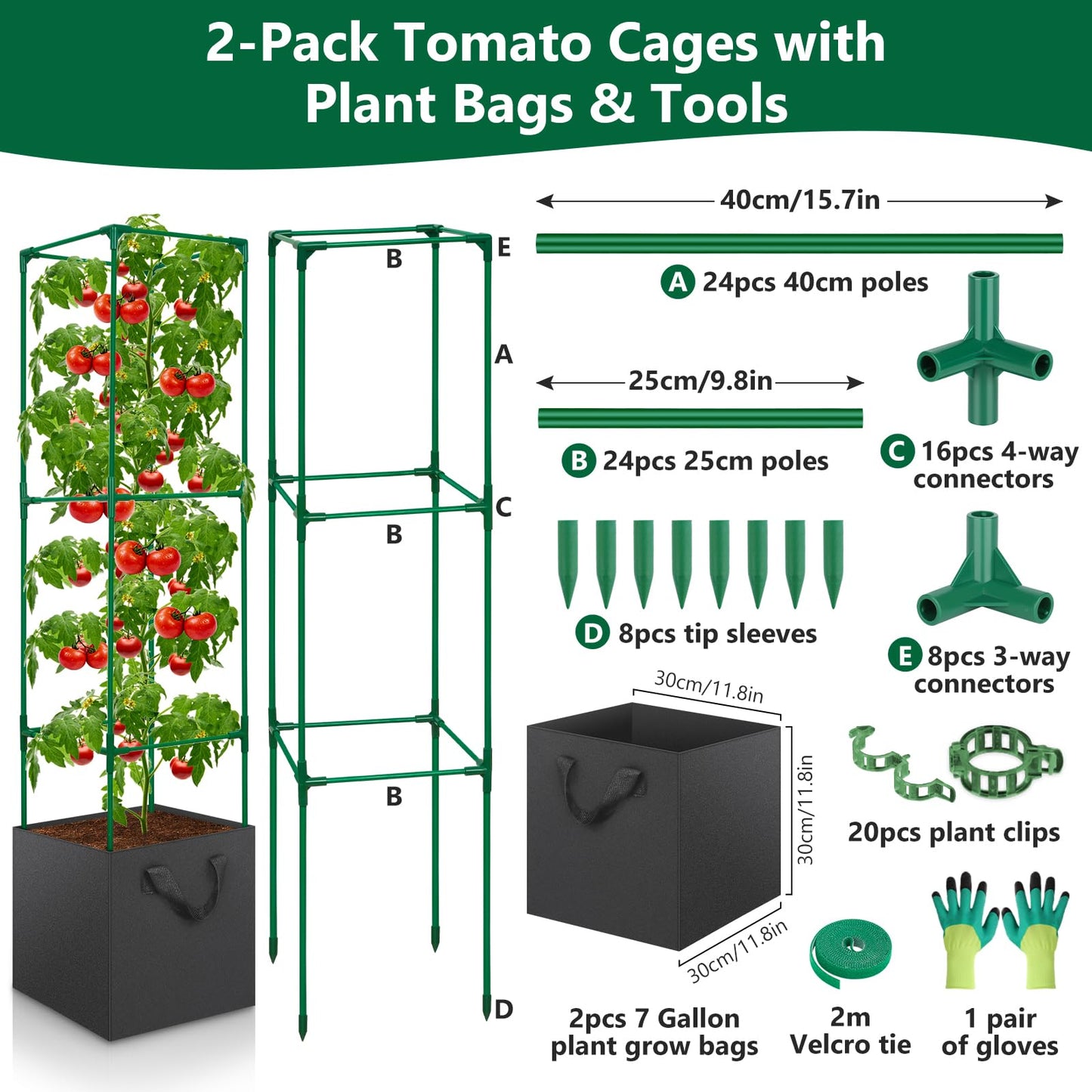 LifeisLuck 2 Pack Tomato Cages for Garden, 49 Inch Tall Tomato Cage with 7 Gallon Planter Bags, Plant Support Trellis Frames for Garden Cucumber Vegetables Plants Climbing Outdoor Indoor