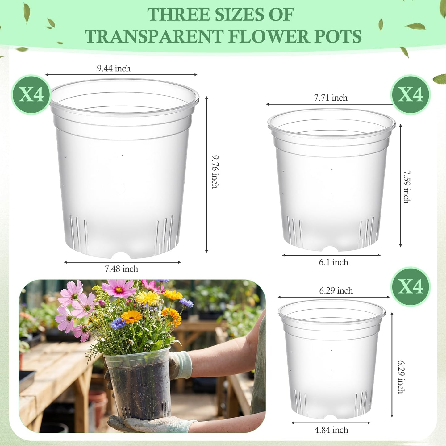 Ziliny 12 Pack 6.2/7.7/9.4 Inch Large Clear Nursery Pots for Plants Flexible Clear Plastic Nursery Pots with Drainage Hole Transparent Plastic Seedling Planter for Indoor Outdoor Rooting Visibility
