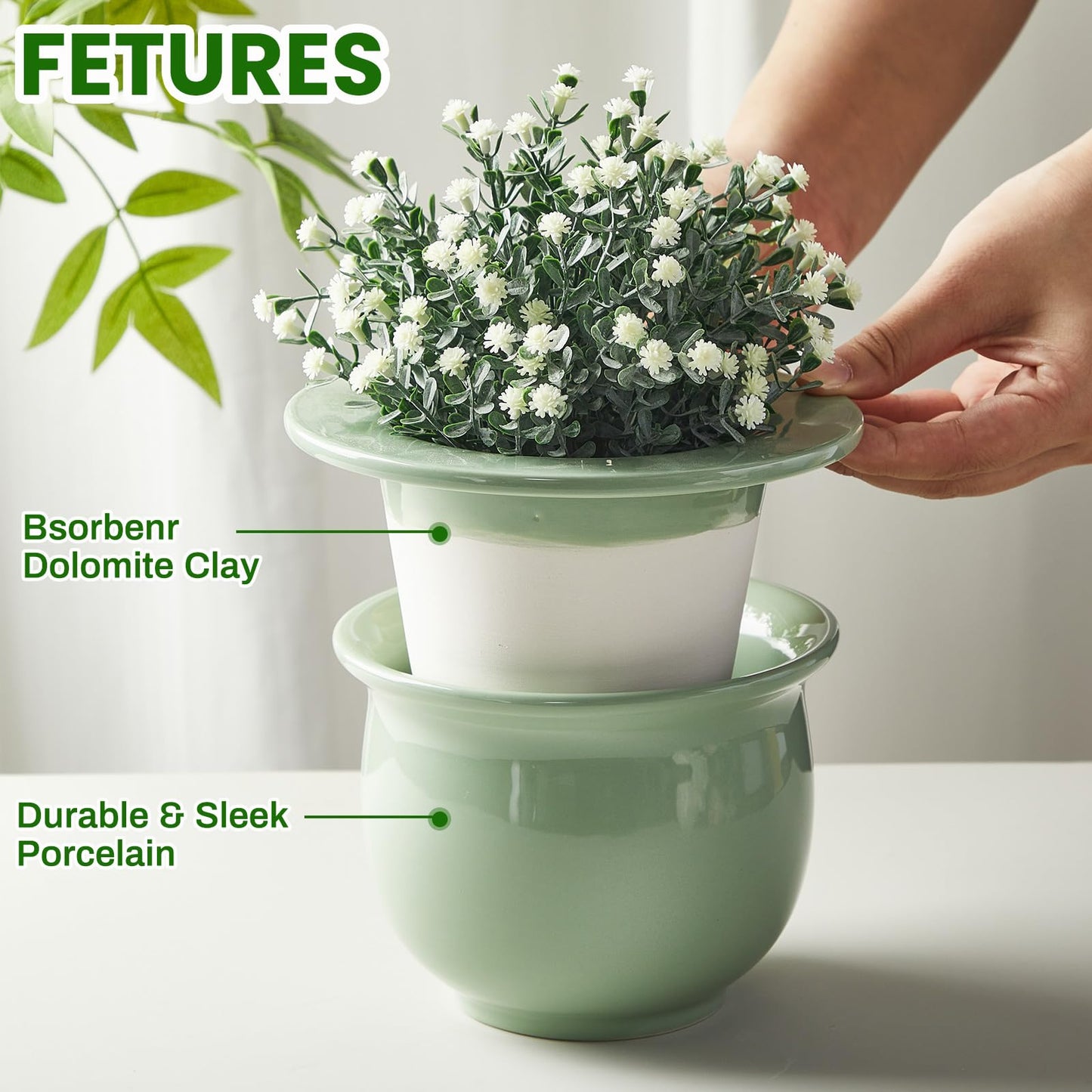 Suclain 2 Pack Ceramic African Violet Pots Self Watering Plant Pot Effortless Self Watering Plant Flower for Busy Lovers, Indoor(Green,6.5 Inch)