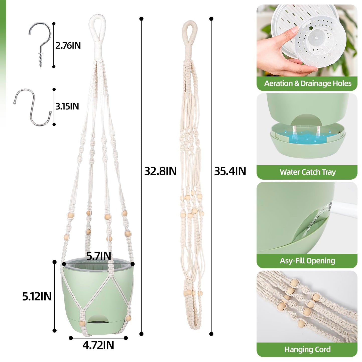 2-Pack 5.7-Inch Self-Watering Hanging Planters for Indoor & Outdoor Plants,34Inch Macrame Hanger Plant Pots Indoor with Drainage,Small Hanging Planters & Baskets,With Two Sets of Hooks（Pure green）