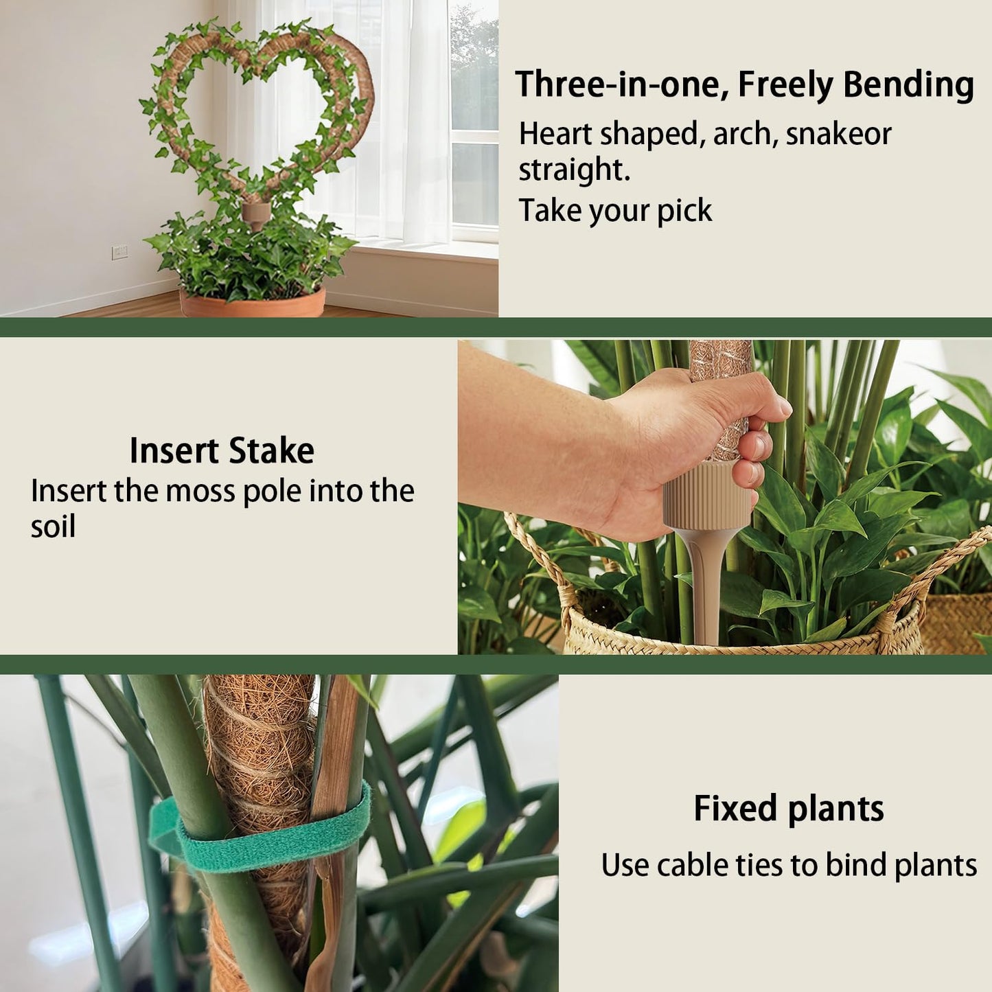 3 Moss Poles in 1, Bendable Monstera Plant Support, 30IN Tall Plant Stakes for Indoor Plants, Coir Pole Plant Support for Climbing Plants, Pothos, Philodendron-2 Pack