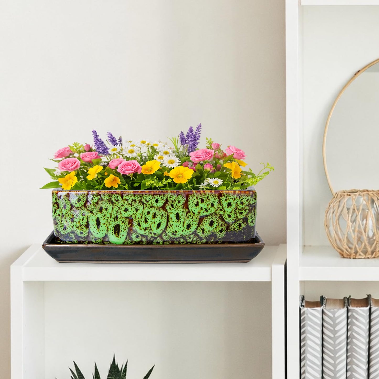 ARTKETTY Succulent Pots - Long Rectangle Succulent Planters with Drainage Tray, Window Sill Planter, Ceramic Pots for Indoor Cactus Plants Shallow Bonsai Window Box for Home Garden Decor