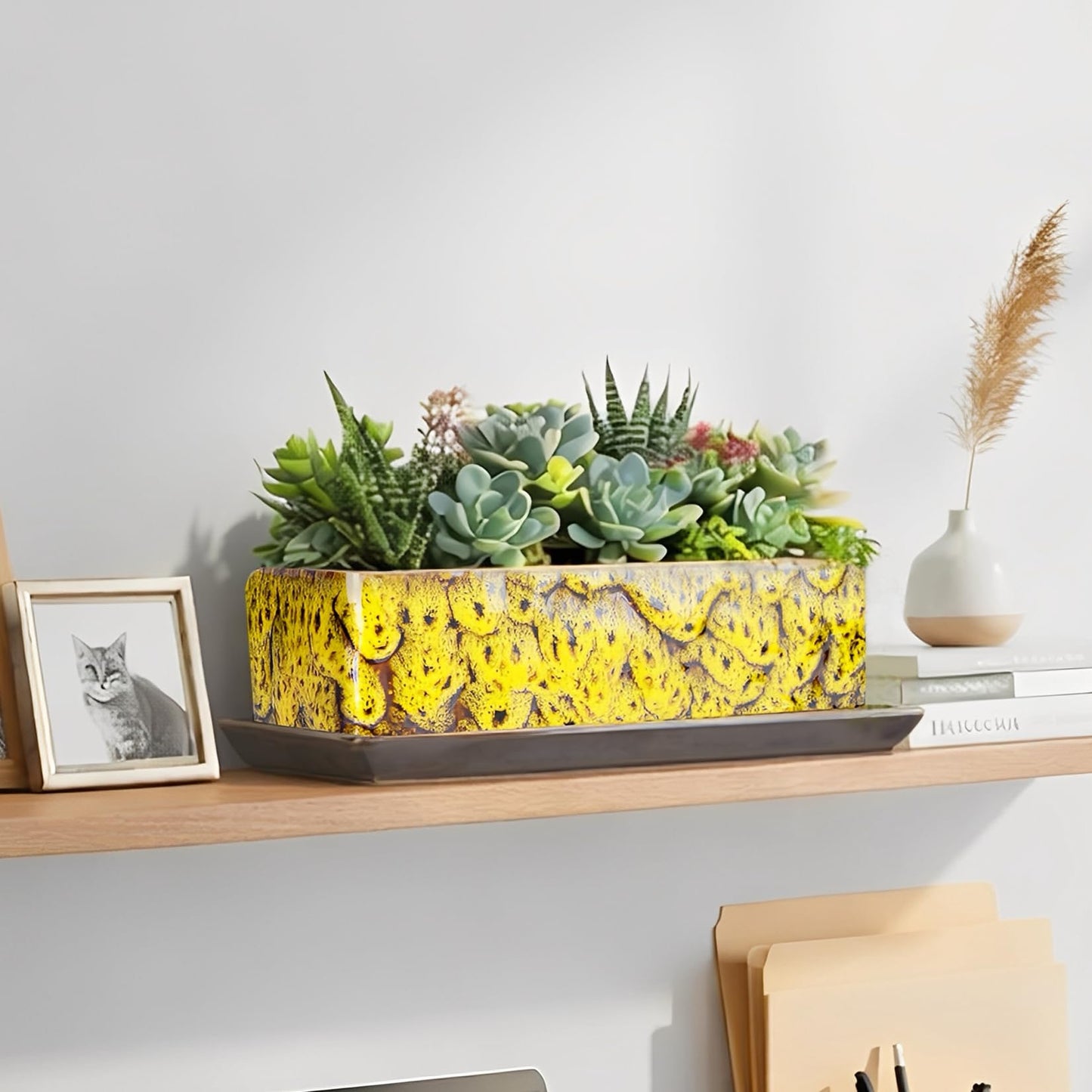 ARTKETTY Succulent Pots - Long Rectangle Succulent Planters with Drainage Tray, Window Sill Planter, Ceramic Pots for Indoor Cactus Plants Shallow Bonsai Window Box for Home Garden Decor