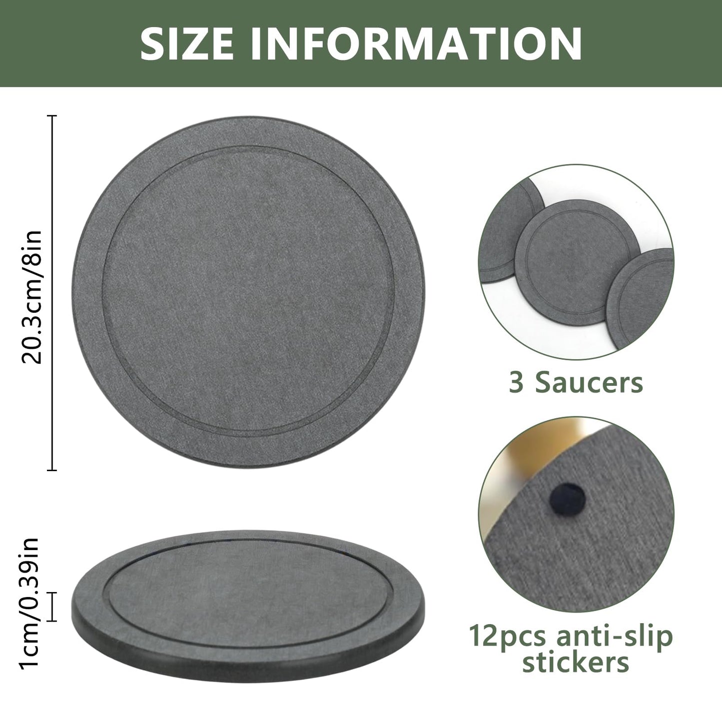 Ismosm Diatomaceous Earth Plant Saucer Set, 3 Pack, Gray, 6 or 8 Inch Diameter, Indoor Outdoor Planter Drip Tray with Non-Slip Pads (8 Inch)