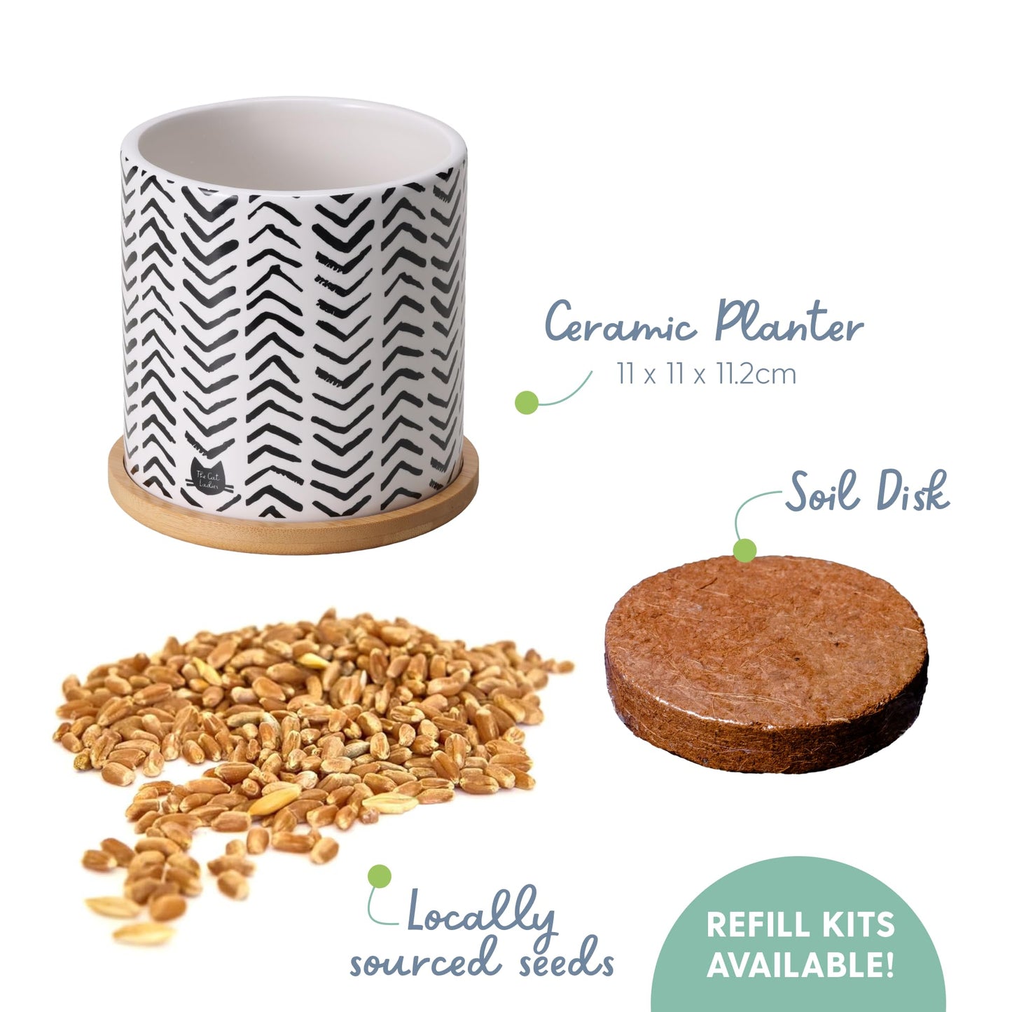 The Cat Ladies Organic Cat Grass for Indoor Cats - Growing Kit with Organic Seed Mix, Soil and Boho Planter with Bamboo Tray. Natural Hairball Control and Digestion Remedy, Cat Gifts
