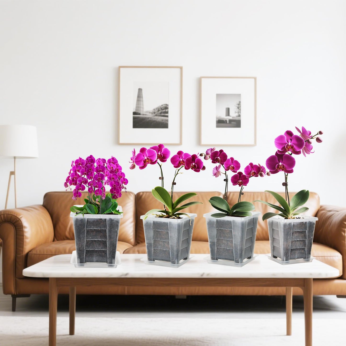 KIMERSE Square Orchid Pot, Clear Flower Pot 6 Pack 7.5 Inch, Root Control Planting Pots with Tray, Plastic Plant Pot for Home Balcony Orchids, Water Moss, Spider Plants