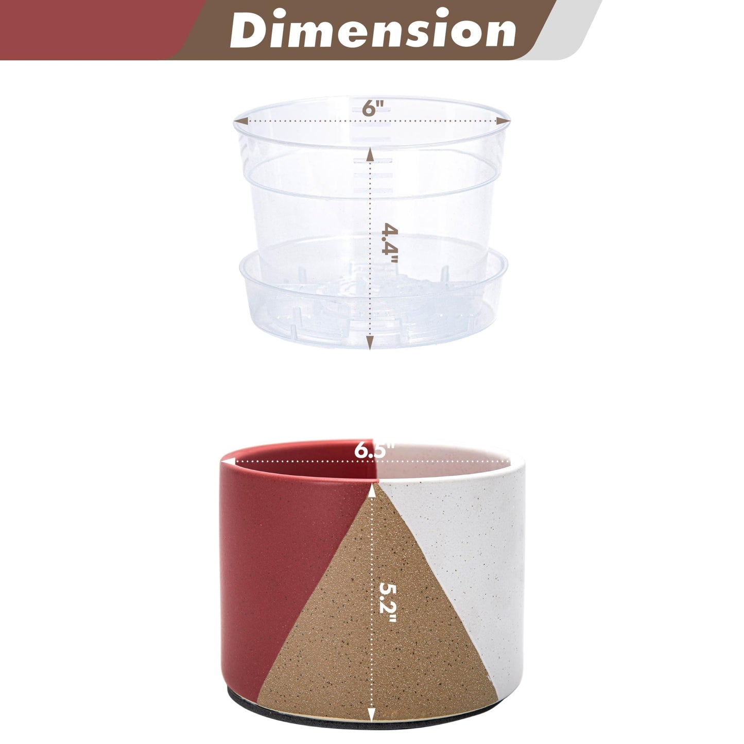 D'vine Dev 6.5" Stoneware Cachepot Planter with 6" Low Clear Nursery Pot & Detachable Saucer – Modern Indoor Plant Pot with Drainage for Bottom Watering & Root Visibility, Crimson Dune, 93-O-D-4