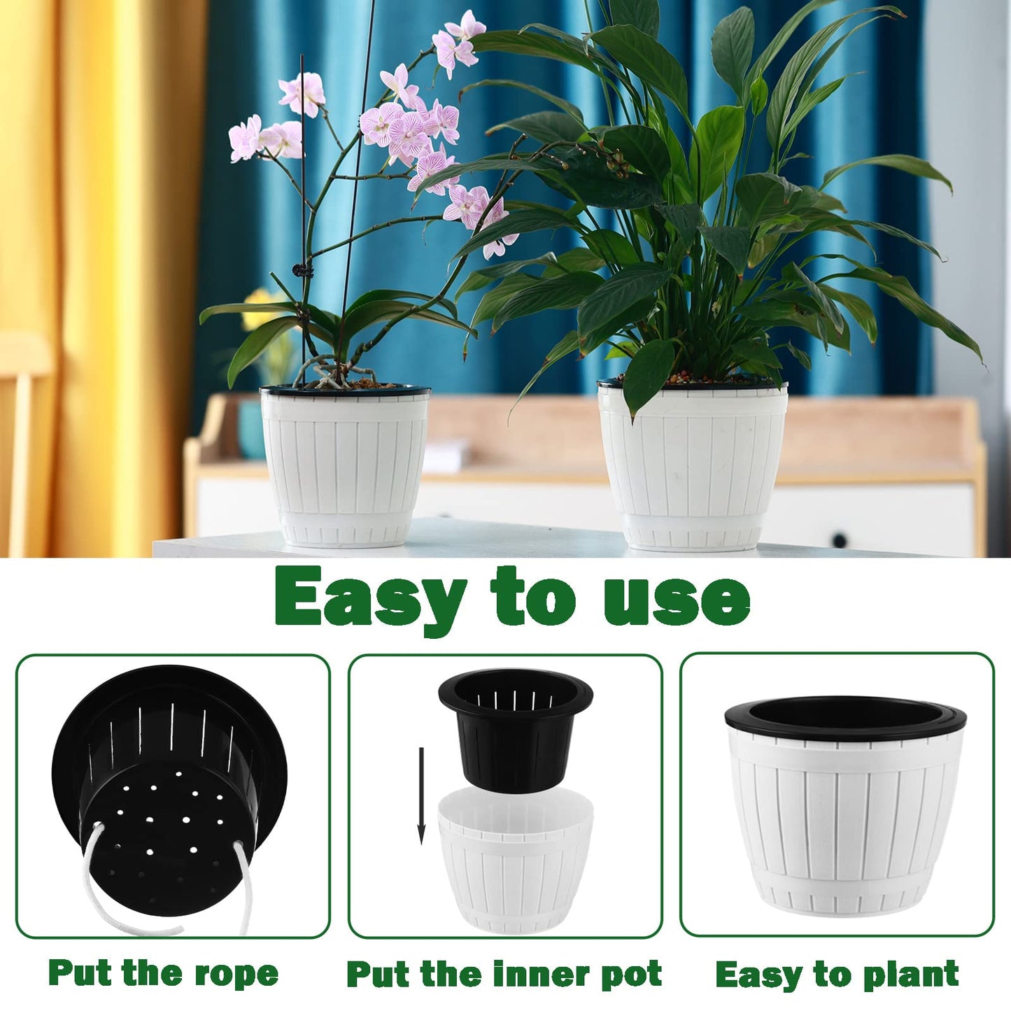 Planterhoma 3 Pack Self Watering Pots for Indoor Plants, 7.1 Inch Plastic Plant Pots, White