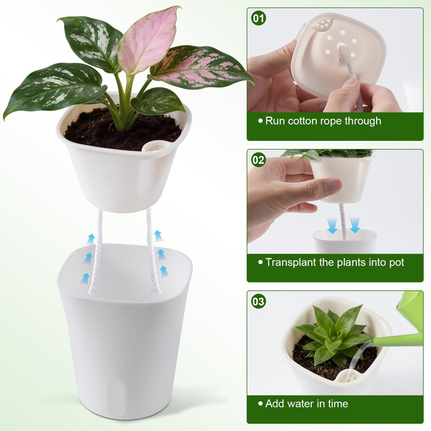 Sileasncei 10 Pack Self Watering Planters for Indoor Plants, 3 Inch White Plastic Flower Pots for Succulents, Herbs, and African Violets Self-Watering System for Low Maintenance Gardening